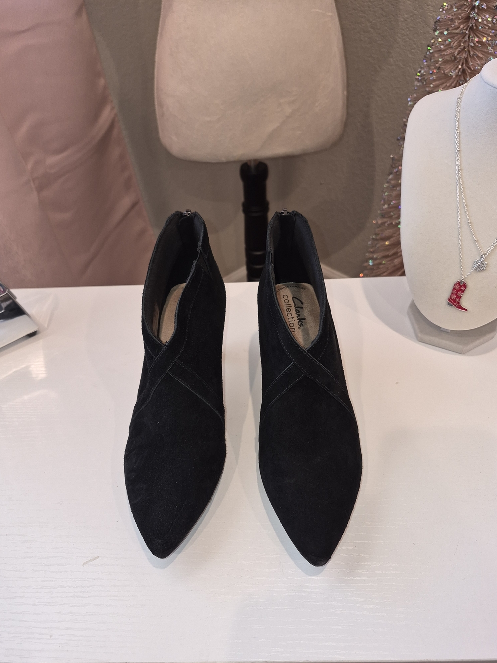 Clarks Black Suede Pointed Toe Zip Ankle Booties